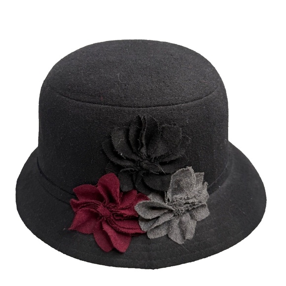 DPC Women's Black Wool Blend Bucket Hat Floral Accent One Size EUC